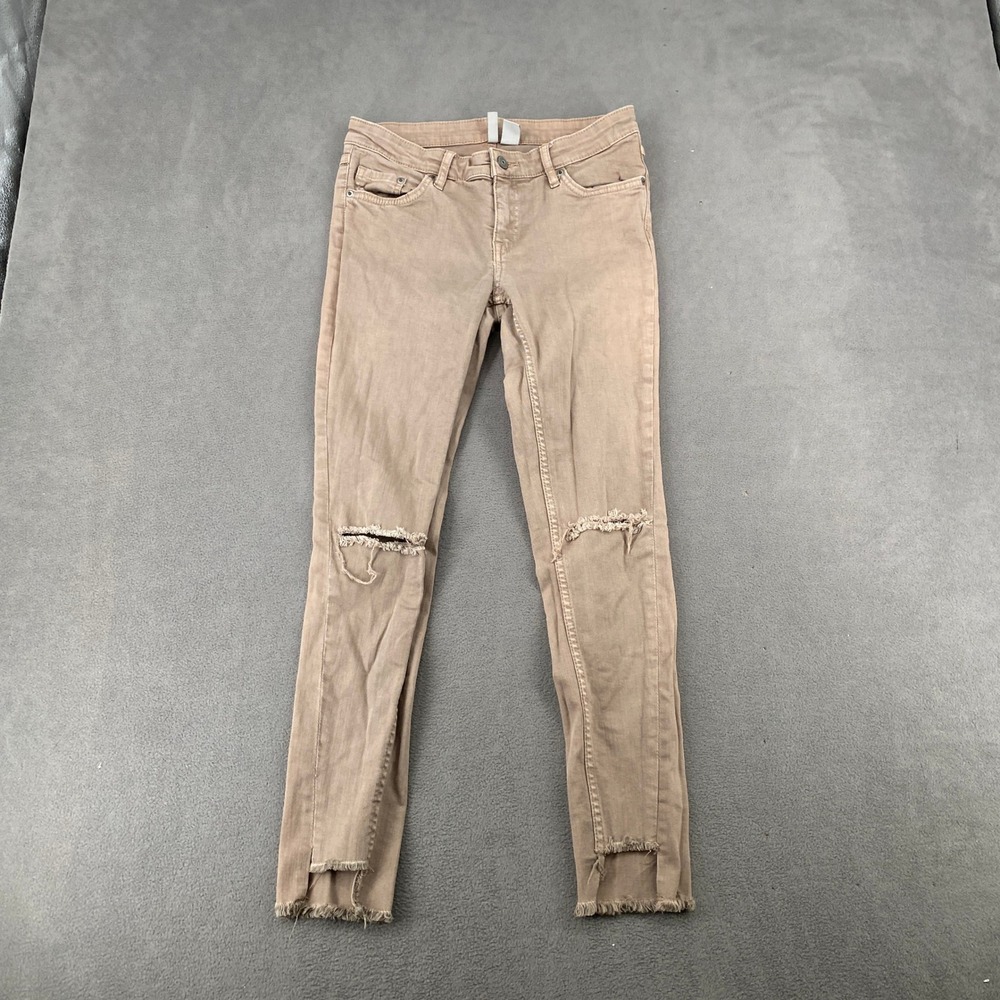 HM Divided Tan Distressed Skinny Jeans Frayed Step Hem Size 8 Low Rise 7465